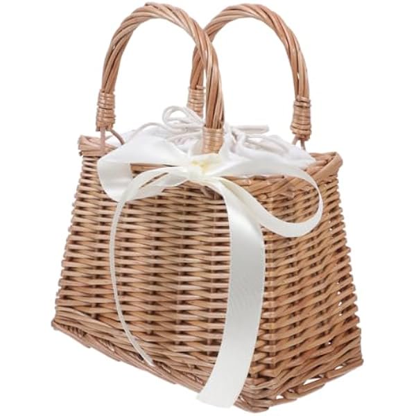 wonima44 Flower Girl Basket, Small Wicker Basket with Handle, Decorative Rattan Basket with Cloth Liner for Wedding, Picnic, Sea Vacation (6x5x9'')