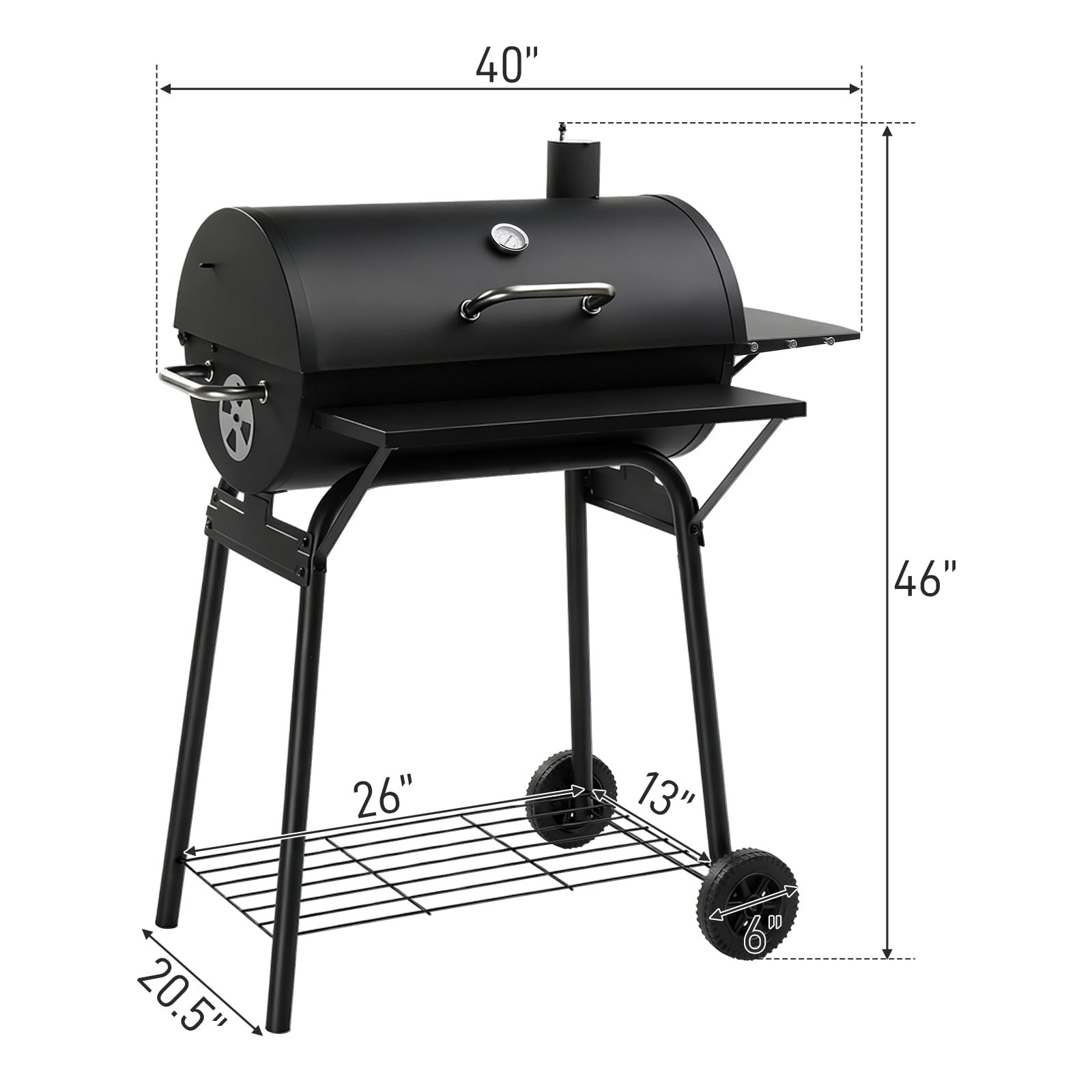 Barrel Charcoal Grill with Side & Front Table, 571 SQ In Cooking Space, Outdoor BBQ Smoker with Adjustable Fire Grate & Thermometer, Heavy Duty for Backyard Patio Parties, Black