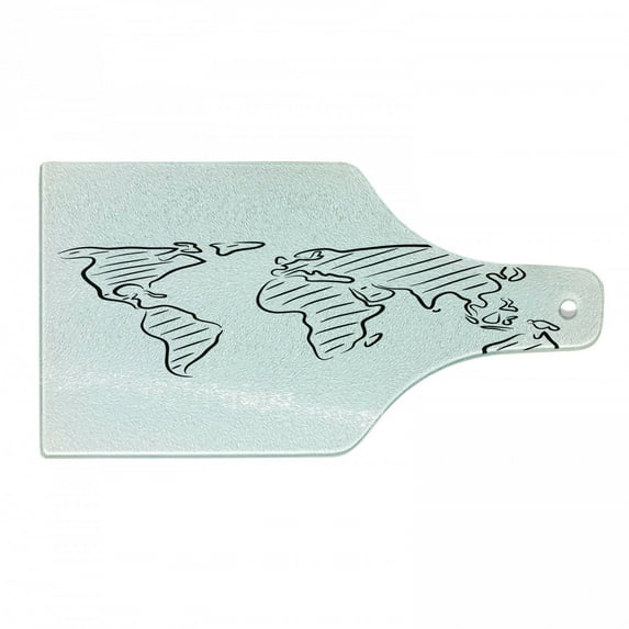 World Map Cutting Board, Illustration of Outline Sketch of the World Map in Drawing Effect Art Print, Decorative Tempered Glass Cutting and Serving Board, Wine Bottle Shape, Black White, by Ambesonne