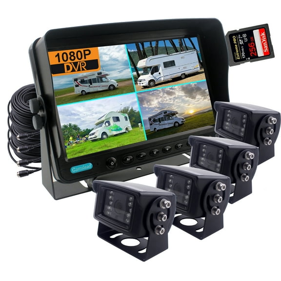 CAMSLEAD 7 inch Monitor 1080P Rear View Camera System, DVR Recorder, Support 256GB SD Card, 4 Channel Input, Quad Split Screen, 1080P Backup Camera for Trucks, Trailers, motorhomes, Caravans, RV