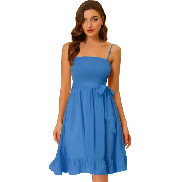 INSPIRE CHIC Robe d'Été à Bretelles Spaghetti Smockée pour Femmes Bleu P