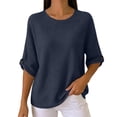 thumbnail image 2 of Gamivast Waffle Knit Shirts for Women 3/4 Sleeve Casual Basic Tops Crewneck Blouses Loose Fit Lightweight Fall Tunic Sweaters for Work Office Everyday Wear Navy L, 2 of 7