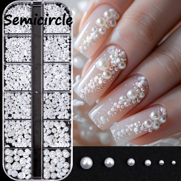 12 rejillas de perlas blancas mezcladas para uñas, cuentas redondas 3D/semicírculo, diamantes de imitación para decoración de uñas, accesorios de manicura, piezas DIY Y7%6K