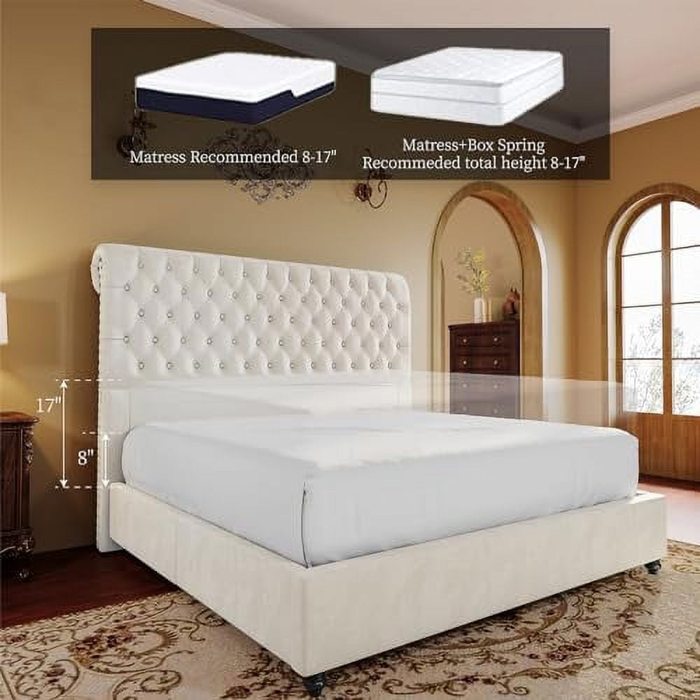 VanAcc 52.8" High Upholstered Bed Frame Queen Size Platform Sleigh Bed with Deep Button Tufted Headboard/Easy Assembly/Cream