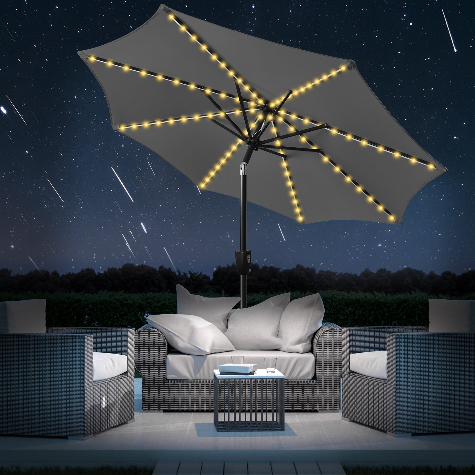 Scafild | 7.5ft Outdoor Patio Umbrella with Solar Lights, Outdoor Market Umbrella with Colorful LED Lights and Tilt and Crank - Gray