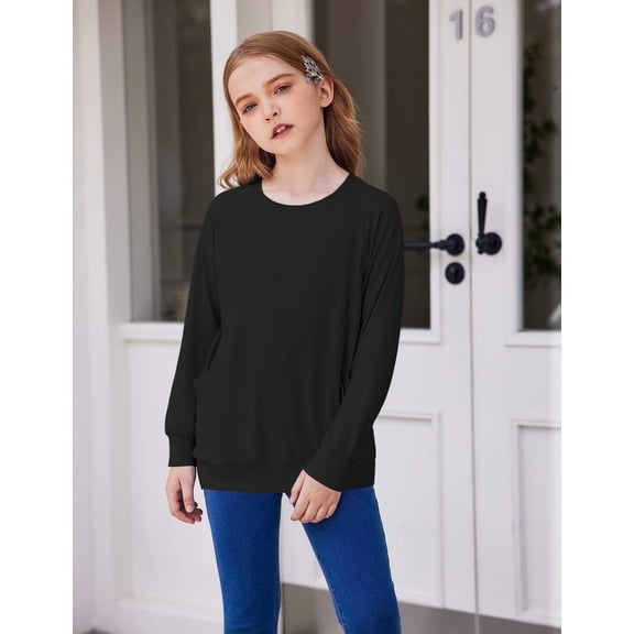 Arshiner Girls Long Sleeve Shirts with Pockets Crewneck Soft Casual Raglan Kids Blouse Tee Tops