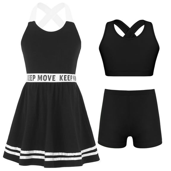 Linjinx Kids 3Pcs Tennis Golf Dress Outfits Girls Running Sports Tracksuit U Neck Crop Tops Shorts Black 10