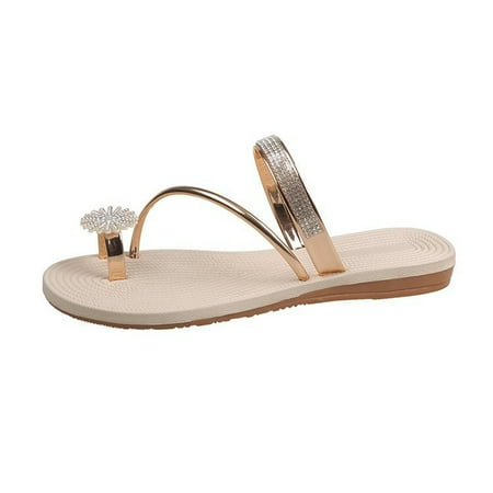 

CYMMPU Women s Slippers Women Summer Clip-Toe Shoes Rhinestone Flats Casual Beach Sandals