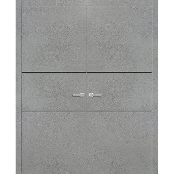 Solid French Double Doors 36 x 80 inches | Planum 0014 Concrete with Frosted Glass | Wood Solid Panel Frame Trims | Closet Bedroom Sturdy Doors
