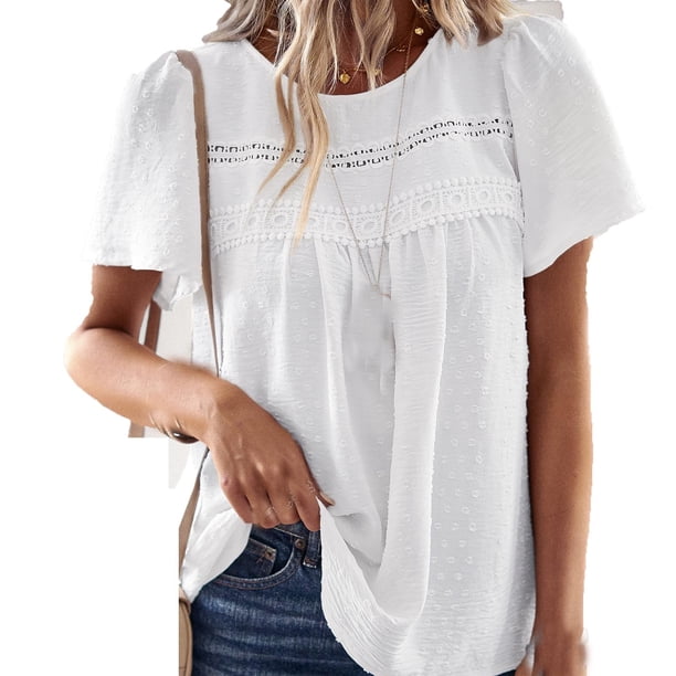 Camiseta de mujer de moda de manga corta de color sólido con retazos de cuello redondo OAVQHLG3B Store lin121212
