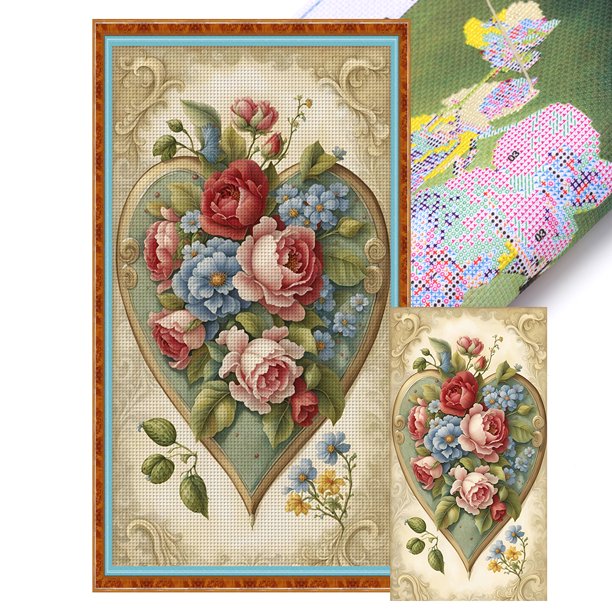 Hilo de Bordar de Algodón Ecológico Wdftyju Punto de Cruz Vintage Love Rose 11CT 40x70cm