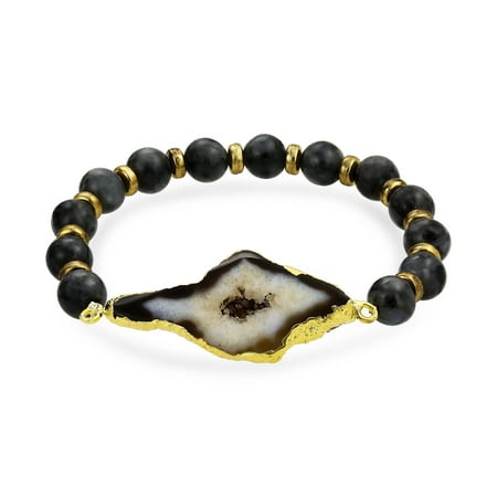 Brown Beaded Stretch Bracelet Boho Black Brown Organic Natural Sliced Agate Stones Ball Bead Stretch Bracelet For Women For Teen Gold Plated Metal ()