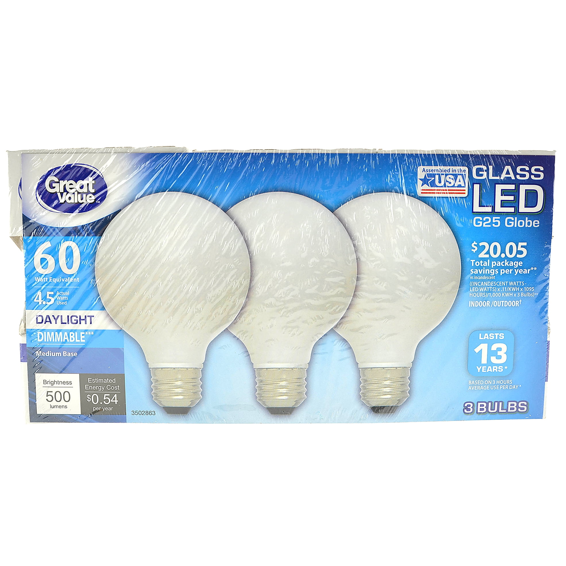 Great Value Glass Globe LED Light Bulb, Daylight, Dimmable, 5W (60W Equivalent), 3 Count