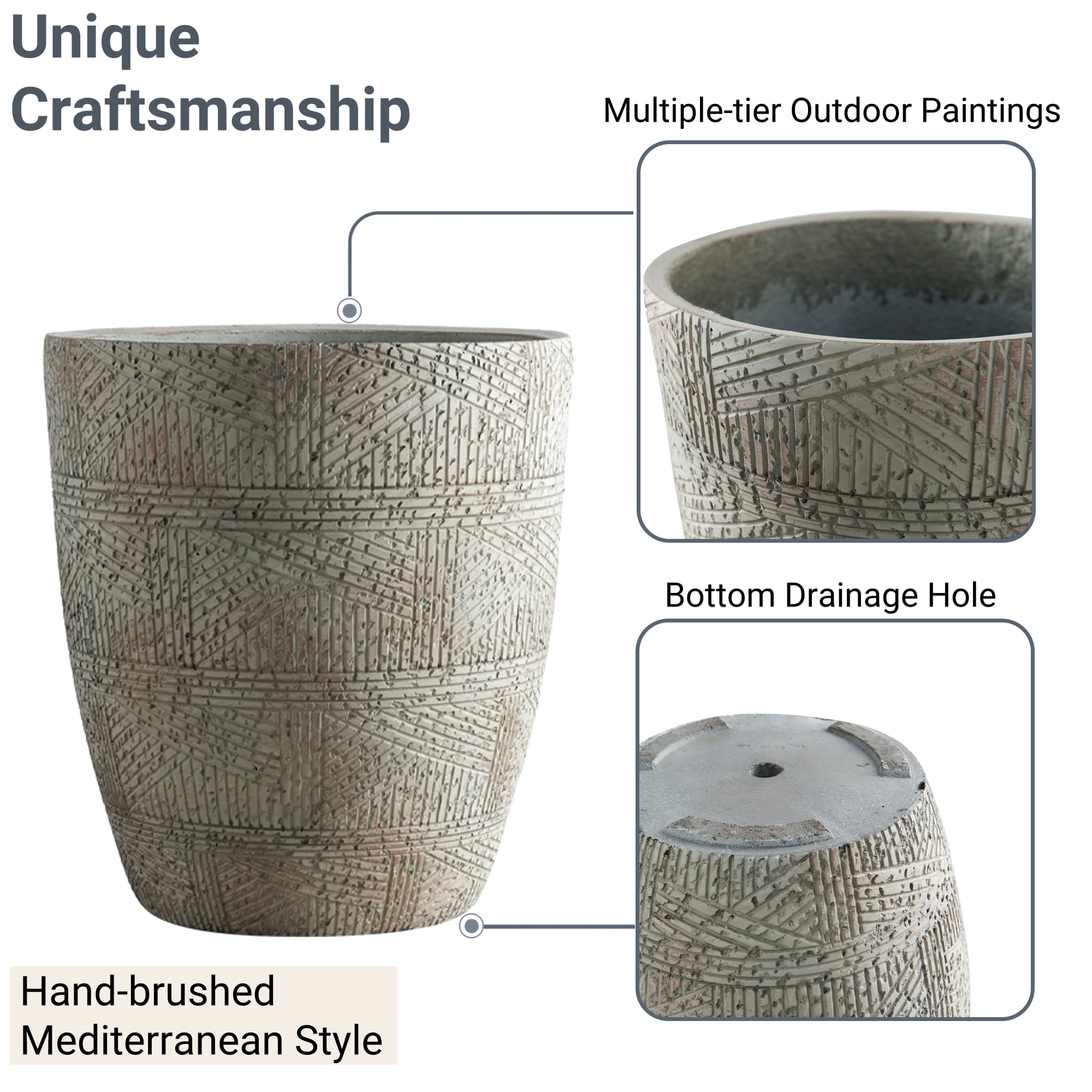 Wallowa Concrete Flower Pots with Drainage Holes, 17.6"+13.8"+9.8" Dia Round Plant Container for Indoor or Outdoor, Set of 3, Gray