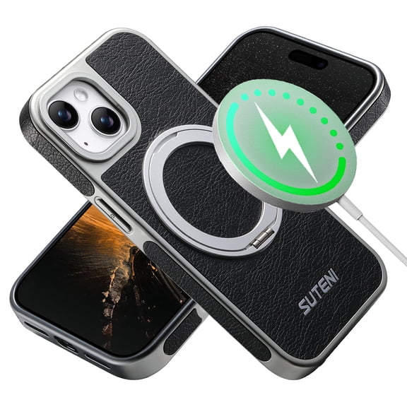 for iPhone 15 Magnetic Case with 360° Rotatable Ring Kickstand, Compatible with MagSafe, Wireless Charging Anti-Scratch Shock Absorbent PU Leather PC Drop Protection Phone Case, Black