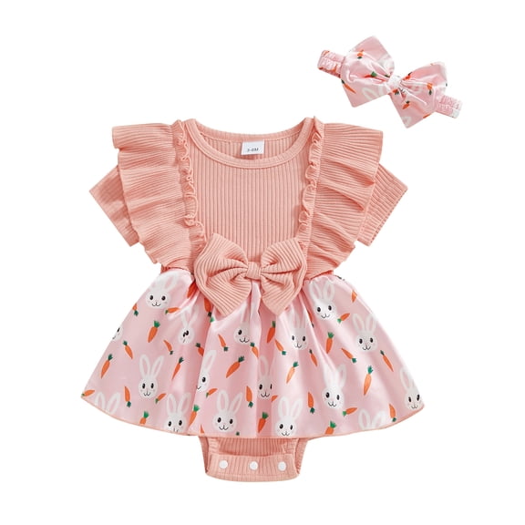 Okbabeha Toddler Baby Girl Easter Outfit Ruffles Sleeve Bunny Printed Romper Dress with Headband