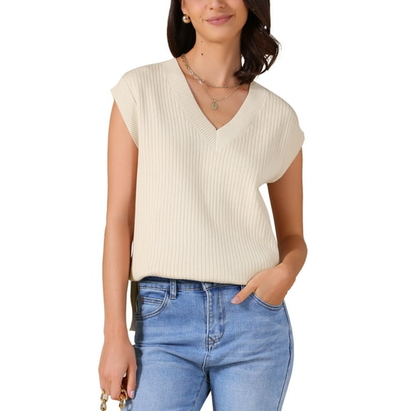 INSPIRE CHIC Women's V Neck Sweater Vest Ribbed Sleeveless Slit Stretchy Basic Casual Summer Tank Top S Apricot