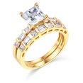 thumbnail image 2 of Wellingsale Ladies Solid 14k Yellow Gold Polished CZ Cubic Zirconia Princess Cut Engagement Ring with Side Stones and Wedding Band Bridal Set - Size 7, 2 of 8