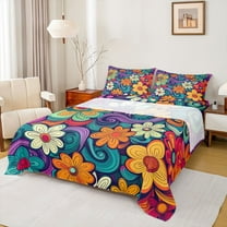 Manfei Kawaii Floral Queen Sheet Sets,bohemian Flower Flat Sheet,Watercolor Daisy Queen Fitted Sheet For Adults,Ultra Soft Home Decor,4 Pieces