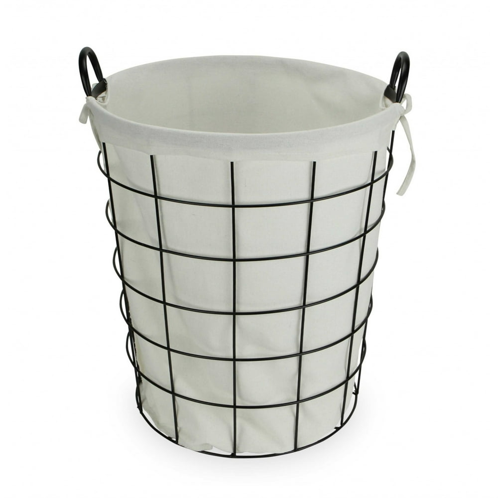 Large White Fabric Lined Metal Laundry Type Basket with Handle