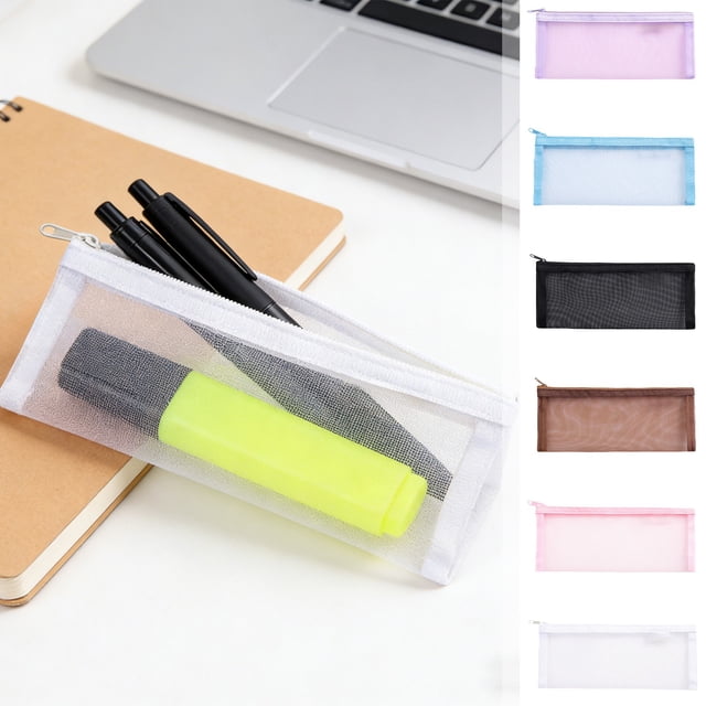 Yhmxh Estuche de malla para lápices con cremallera, estuche transparente de nailon para bolígrafos, neceser transparente para artículos de papelería, brochas de maquillaje, artículos de papelería,