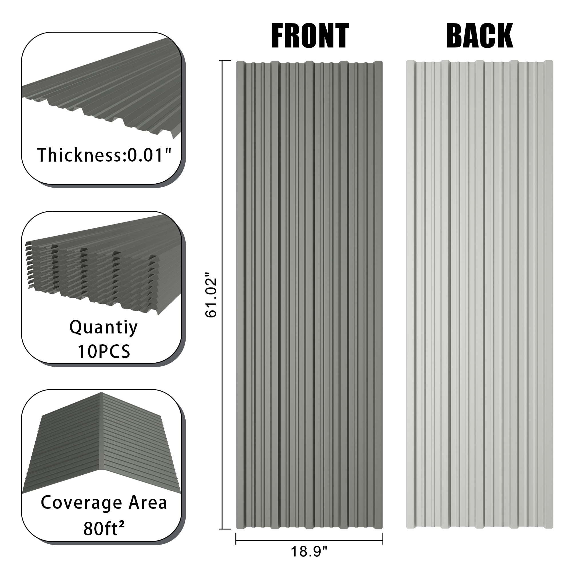 10 Pcs Metal Roofing Panels 61.02" x 18.9" Corrugated Galvanized Steel Roof Panels, Metal Siding Panels Gazebo Top Cover for Pergola, Patio, Garden and Mobile Home, Gray Color