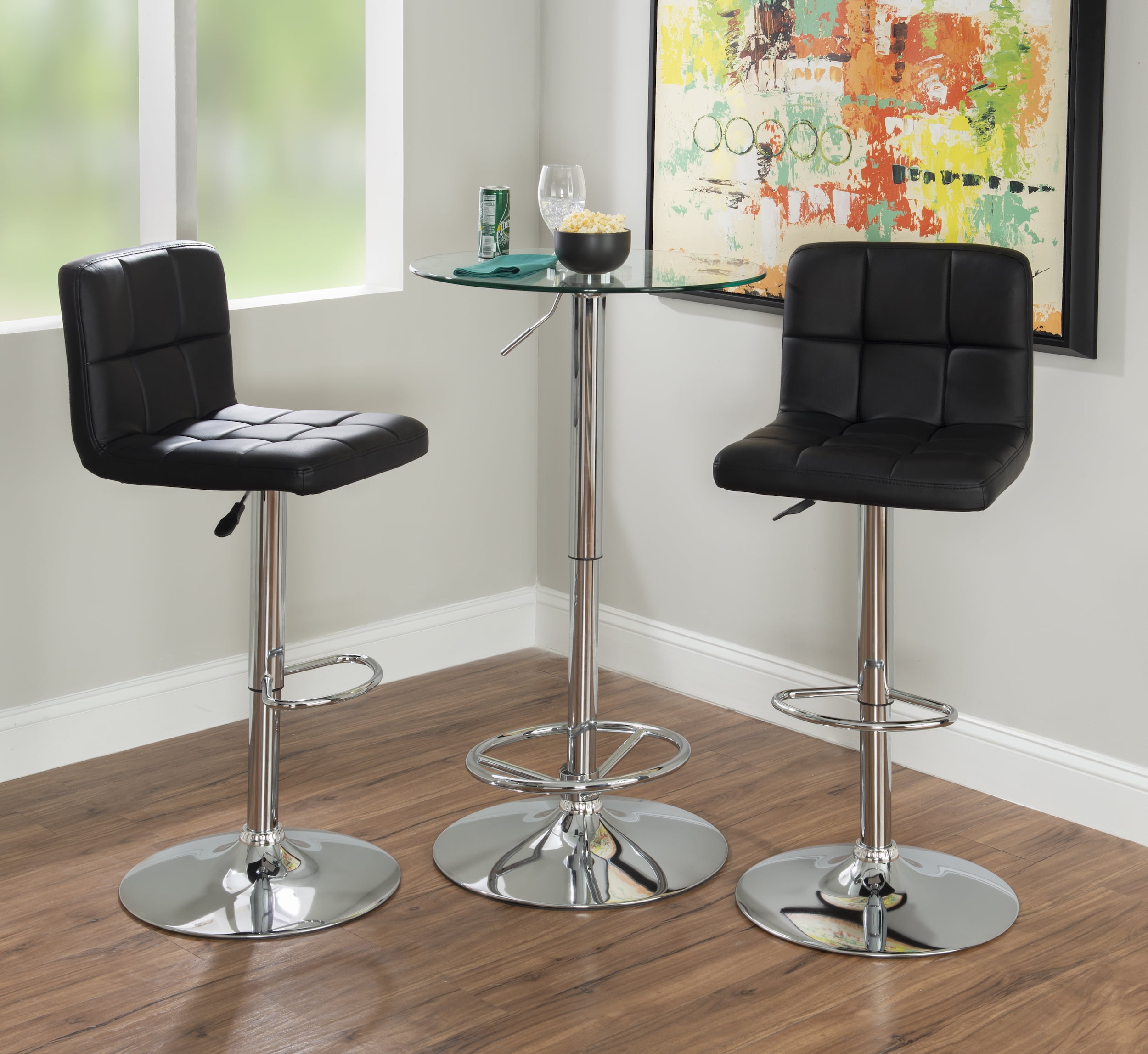Powell Sherman 3-Piece Metal and Glass Pub Table Set, Black Faux Leather