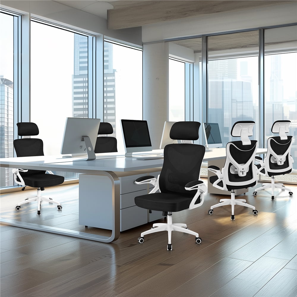 Yaheetech Adjustable High Back Mesh Office Chair with 90° Flip-up Armrest, White/Black