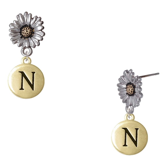 Delight Jewelry Gold-tone Capital Letter - N - Pebble Disc - Two-tone Daisy Flower Post Earrings