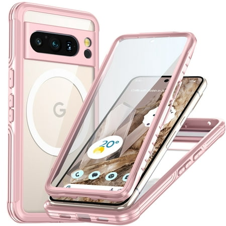 SaniMore for Google Pixel 8 Pro (6.7" 2023) Case with Screen Protector, Crystal-clear Backplane MagSafe Strong Magnetic [Wireless Charging] Shockproof Heavy Duty Full-body Protective Shell, Pink
