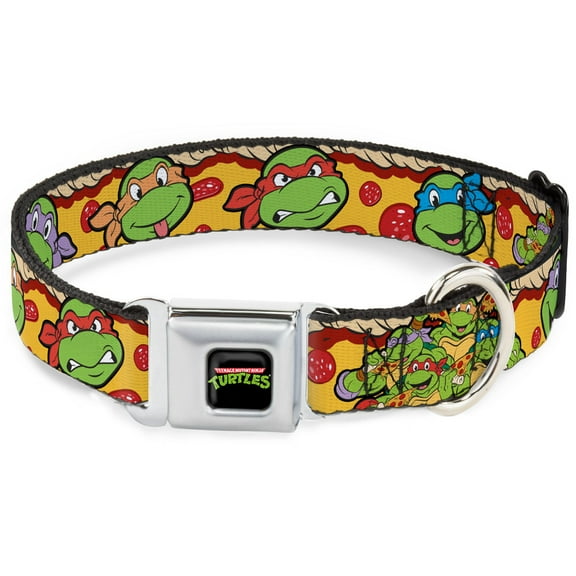 Nickelodeon Pet Collar, Dog Collar Metal Seatbelt Buckle, Ninja Turtles Turtle Faces Pepperoni Pizza Turtles Pose, 9.5 to 13 Inches 1.0 Inch Wide
