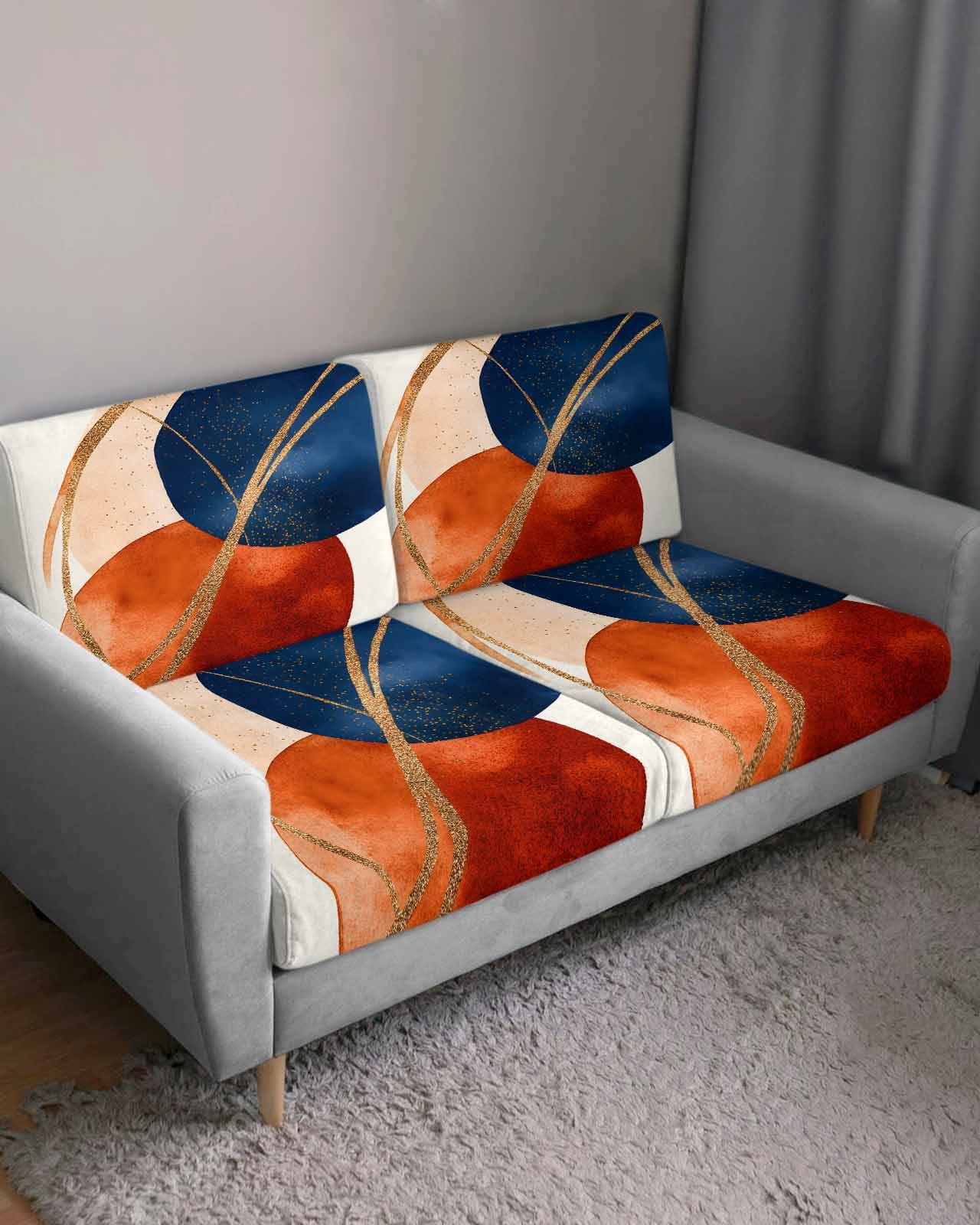 Navy Blue Burnt Orange Couch Cushion Covers Stretch, Washable Sofa Seat Covers Individual Seat Cushion Sofa Slipcovers Geometric Modern Boho Art Couch Cover Furniture Protector S-1PCS