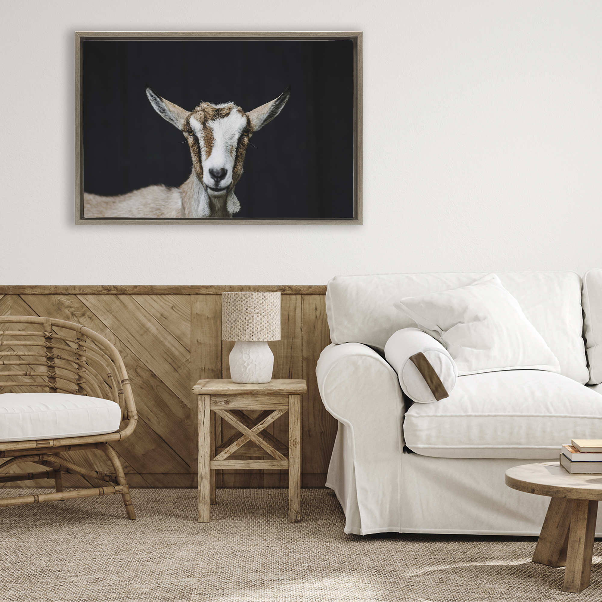 Goat Face over Black Brown Framed Floater Canvas Wall Art, design by Amy Carroll