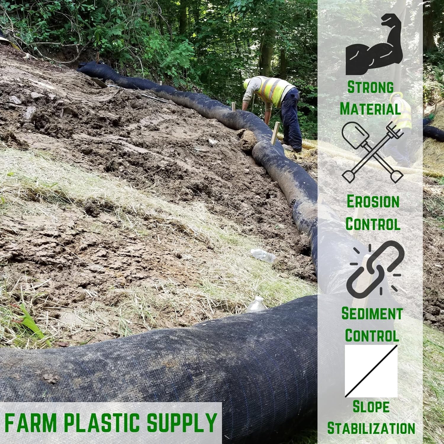 Farm Plastic Supply - Erosion Control Silt Sock - 8" x 20' - Sediment Filter for Stormwater Drainage, Erosion Control, Drain, Inlets, Catch Basins