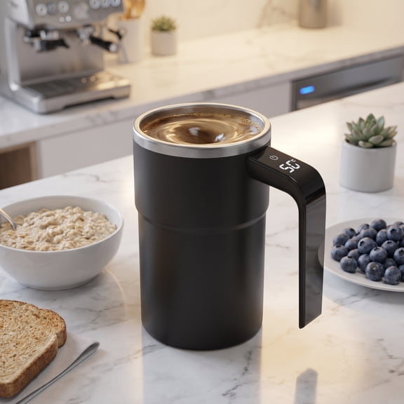 Automatic Magnetic Stirring Coffee Mug with Temperature Display, Rechargeable Stirring Mugs, Multifunctional Spin Mug Birthday Gift for Home Office Kitchen Travel Birthday Gift (Black)