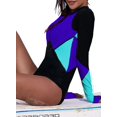 thumbnail image 3 of Womens Color Block Print One Piece Swimsuit Zip Front Long Sleeve Rash Guard Surfing Swimsuit Swimwear, 3 of 6