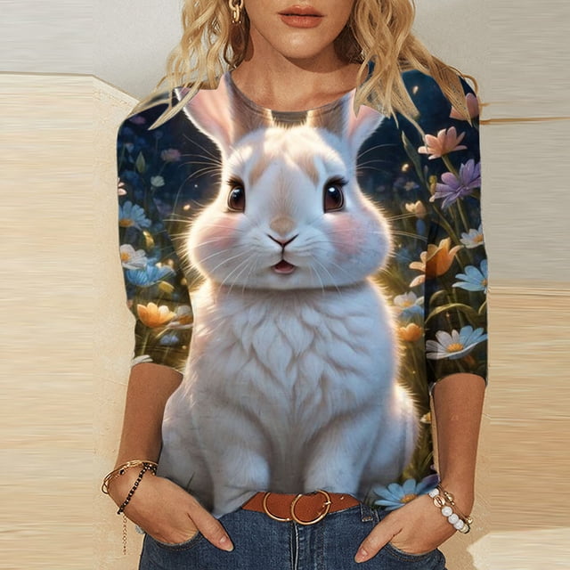 EGNMCR Easter T-Shirts à Imprimé pour Femmes T-Shirts Graphiques pour Femmes T-Shirts pour Femmes T-shirt Décontracté Mode T-shirt Imprimé Manches 3/4 Col Rond Froncé Chandail Blouse Hauts T-Shirts pour Femmes
