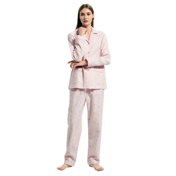 GLOBAL Conjunto de Pijama de Franela para Mujer, Pijama 100% Algodón para Mujer, Ropa de Estar por Casa, Manga Larga, Botón, Cordón en la Cintura, Ropa de Dormir Cálida, Paisley Rosa L