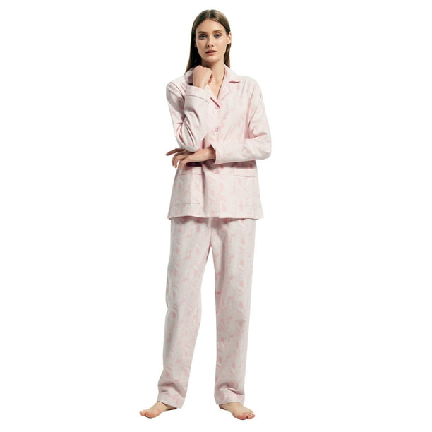 GLOBAL Conjunto de Pijama de Franela para Mujer, Pijama 100% Algodón para Mujer, Ropa de Estar por Casa, Manga Larga, Botón, Cordón en la Cintura, Ropa de Dormir Cálida, Paisley Rosa L