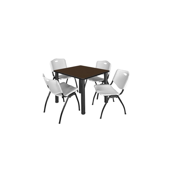 Regency Kee 36" Square Breakroom Table- Neo Walnut/ Black & 4 'M' Stack Chairs- Grey