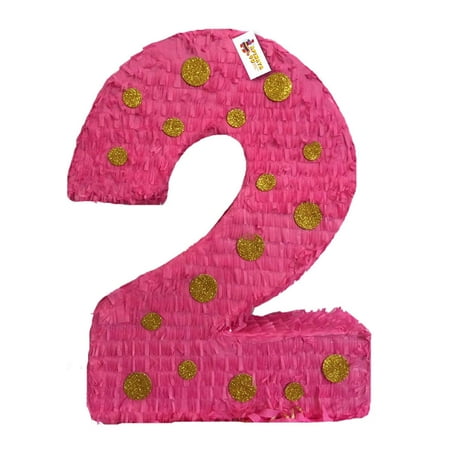 APINATA4U 20'' Tall Hot Pink & Gold Polka Dots Number Two Piñata