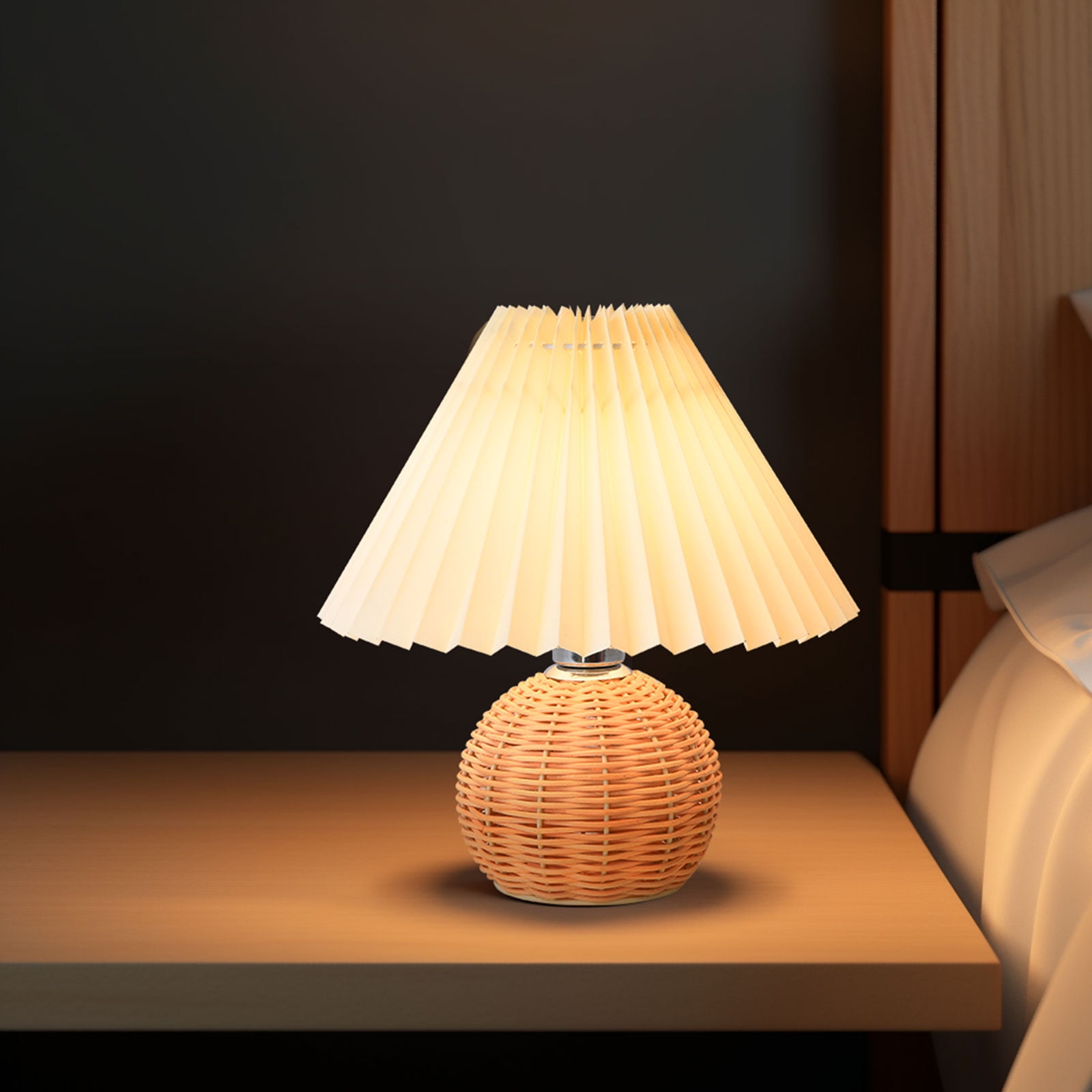 KUNJOULAM Pleated Table Lamp, Modern Simple Rattan Metal Base Bedside Lamp with Beige Lampshade Desk Light for Bedroom Decor Use E12 Bulb