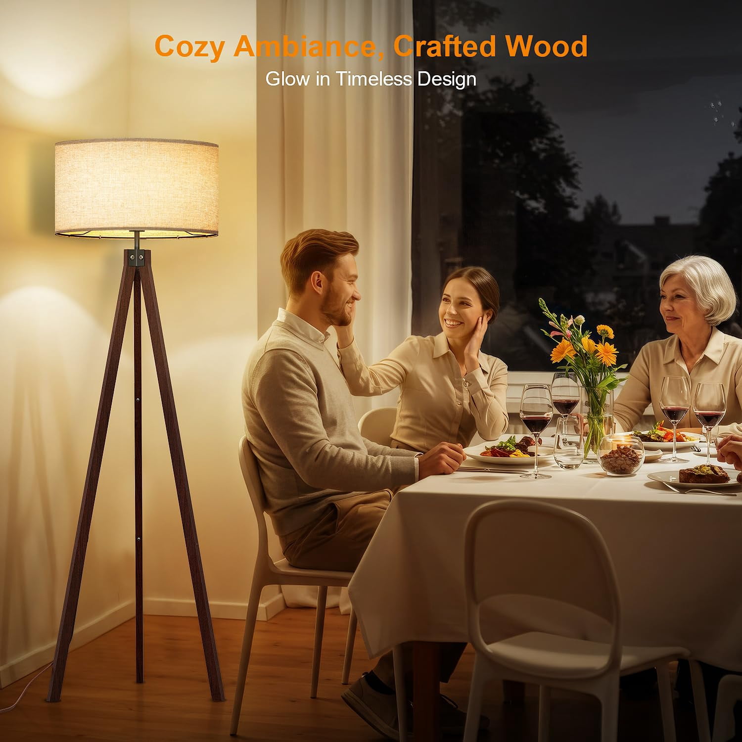 Wood Tripod Floor Lamp, Mid Century Standing Lamp, Modern Design Studying Light for Living Room, Bedroom, Study Room and Office, Flaxen Linen Shade with E26 Base Brown