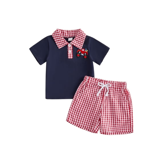 BemeyourBBs Toddler Baby Boy Back to School Outfit Kids Kindergarten Outfits Little Baby Boy Summer Clothes Short Sleeve Apple in Truck Embroidery Collar Shirt Tops with Plaid Pockets Shorts 2Pcs Set