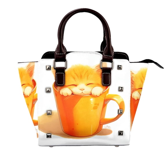 Cute Cat Cup Rivet Handbag Studded Satchel One-Shoulder Tote Bag for Women
