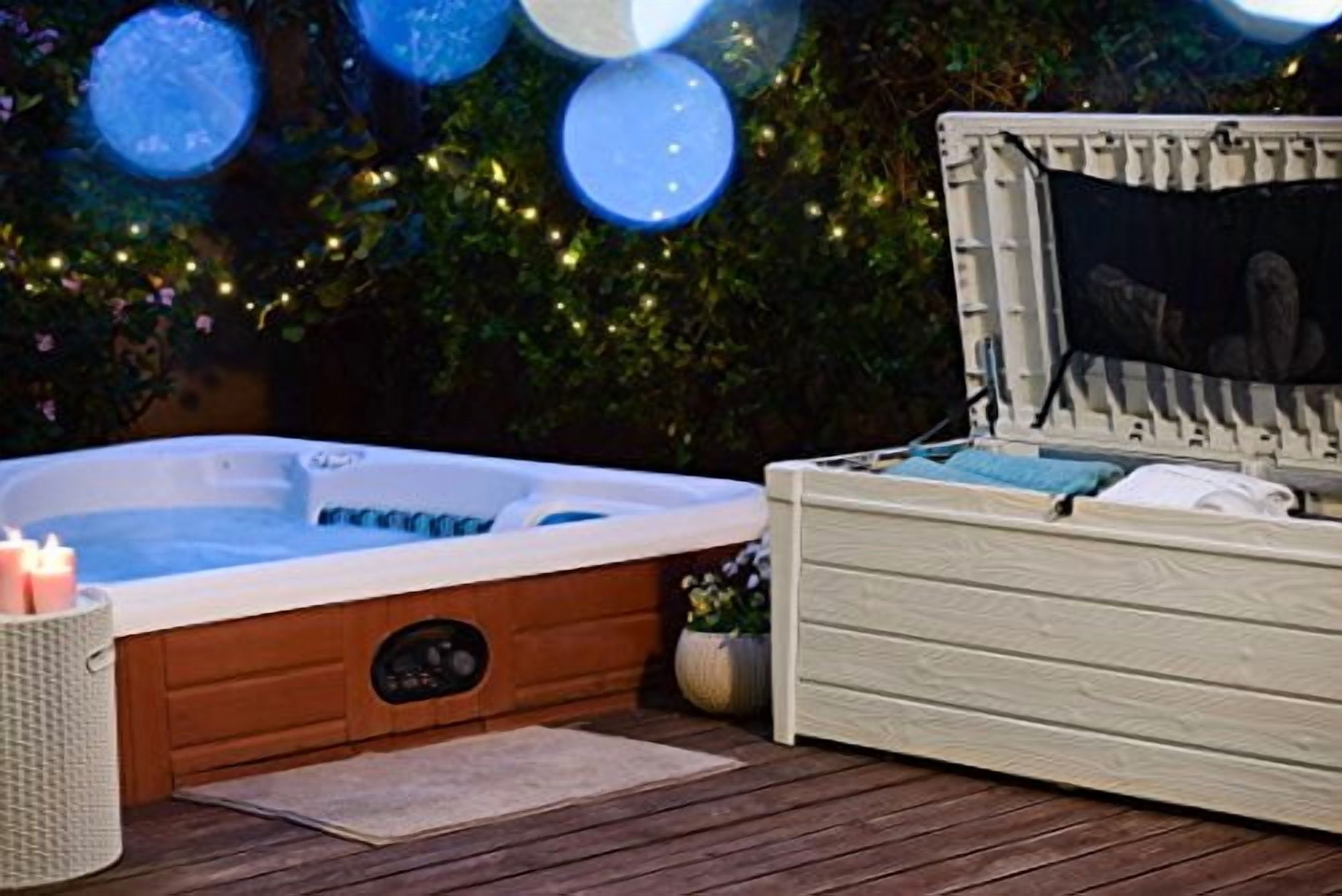 Keter Brightwood Outdoor Patio 120 Gallon Resin and Wood Deck Box with Pool Kit, Oasis White