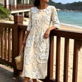 thumbnail image 6 of HBYJLZYG Women's 3/4 Sleeve Round Neck Midi Dress with Floral Applique and Gathered Waist, Summer Vacation Beach Casual Long Dress for Travel and Daily Wear, 6 of 6
