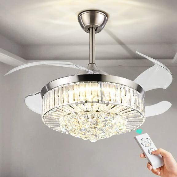 More Change 42" Crystal Ceiling Fan with Lights, Retractable Invisible Fandelier Ceiling Fan Chandelier with Remote Control LED for Bedroom/Living Room Polished Modern Silver 3 Speed 3 Light