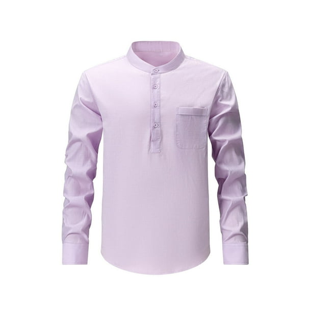 Blusa y camisa de manga larga con cuello alto para hombre, informal, de color liso, con cuello alto, manga larga, bolsillo con medio botón, blusa de poliéster para hombre