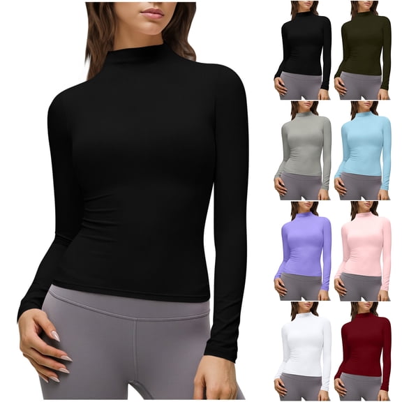Otntypg Women's Mock Turtleneck Long Sleeve Going Out Tops Ruched Double Lined Tight Shirt Trendy Slim Fit Basic Solid Color Tee Shirts Blue XXL